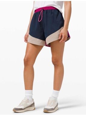 lululemon athletica evergreen shorts Navy, Pink & Tan Colorblock Running Shorts